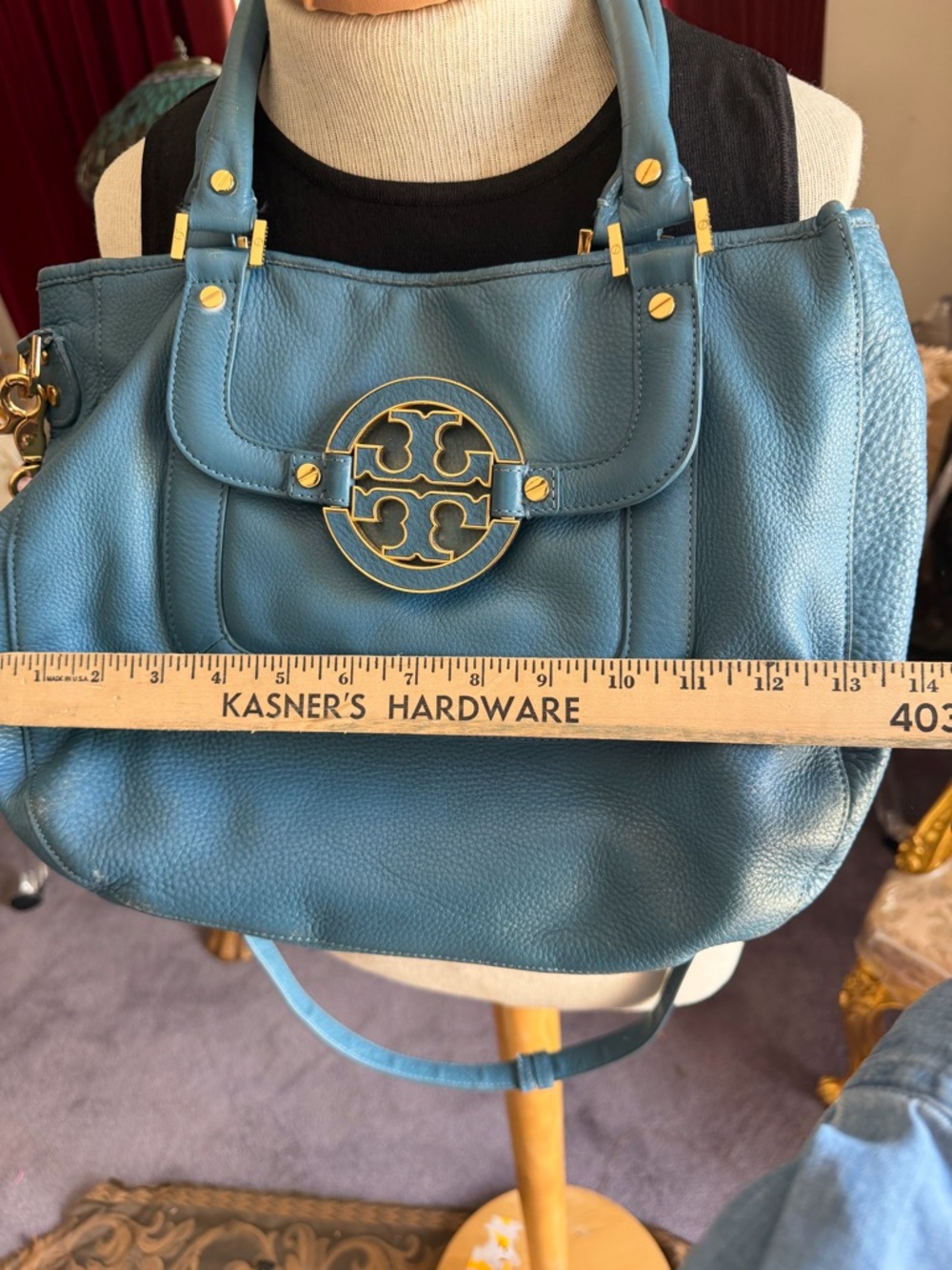 Tory Burch Blue Teal Pebbled Leather Shoulder Bag with Gold Logo - Picture 9 of 14